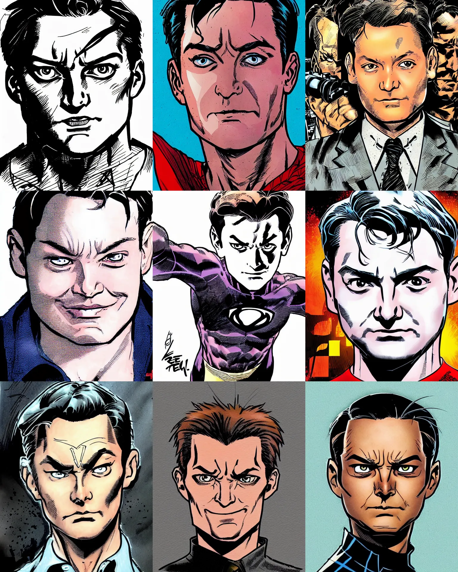 Prompt: real tobey maguire!!!jim lee!!! flat ink colored sketch by jim lee face close up headshot of real! tobey maguire!! in the style of jim lee, x-men superhero comic book character by jim lee