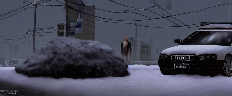 Prompt: Audi A4 B6 Avant (2002), a gritty neo-noir, dramatic lighting, cinematic, eerie person silhouette, death, homicide, homicide in the snow, gunshots, establishing shot, extremely high detail, photorealistic, cinematic lighting, artstation, by simon stalenhag, Max Payne (PC) (2001) winter new york at night, In the style of Max Payne 2 graphic novel, flashing lights, Poets of the Fall - Late Goodbye