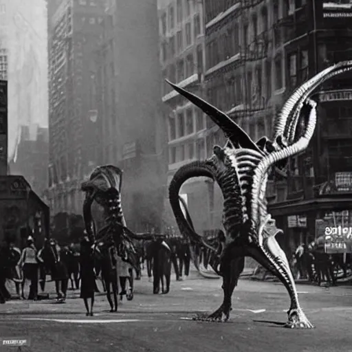 Image similar to old black and white photo, 1 9 1 3, depicting a xenomorph from the movie aliens rampaging through the bustling streets of new york city, historical record