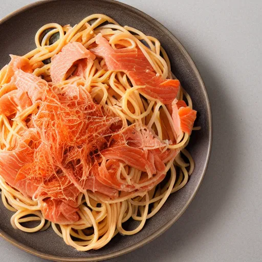 Image similar to spaghetti topped with a blend of smoked salmon and turkey, 8 k resolution, food photography, studio lighting, sharp focus, hyper - detailed