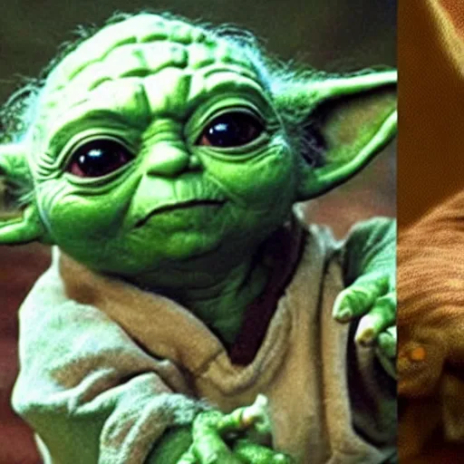 Image similar to Yoda on the planet he was born on, spending time with other members of his species