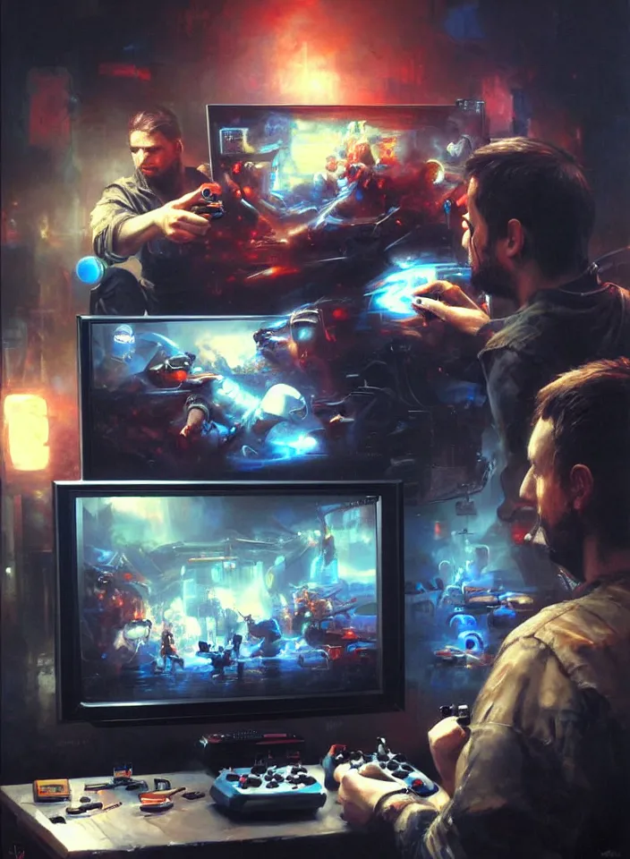 Prompt: Portrait of men playing video games on CRT television using Atari joysticks. Painting by Raymond Swanland. Intricate details. hyper realism. Masterpiece.
