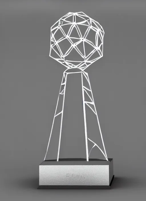 Image similar to ultra realistic, tall, reflective, very symmetrical, polyhedral, 3 d printed steel engineering trophy, 4 k, ultra realistic, highly detailed, epic lighting