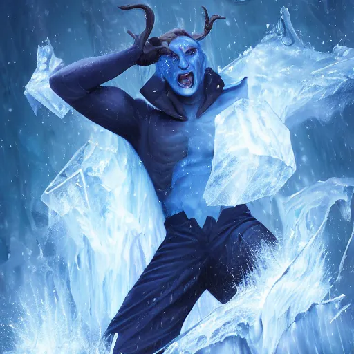 Image similar to a blue tiefling man frozen in a block of ice and being shattering into a million pieces, block of ice breaking apart, wearing dark cloths, ice block, cracked, destroyed, shattering, breaking, by Tony Sart, detailed, realistic, masterpiece