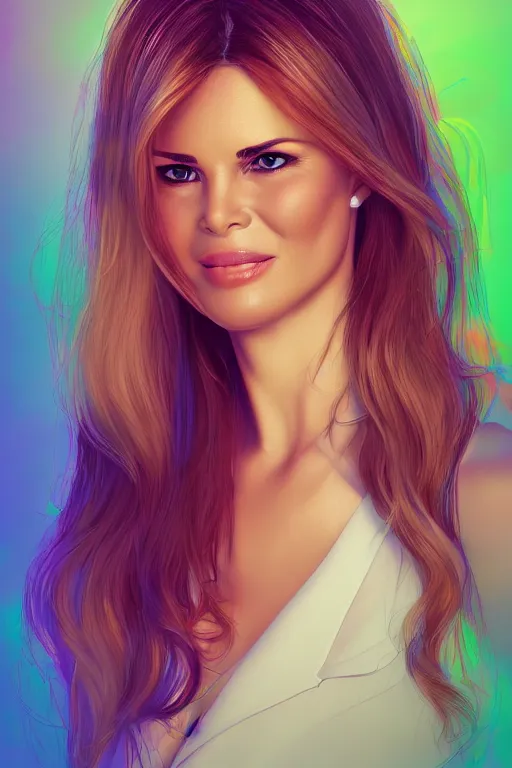 Image similar to portrait of a blend of young maria shriver, mariel hemmingway, melania trump and elle macpherson as an angel, thin lips, hair tied up in a pony tail, rainbow colors, vine, artstation, cgsociety