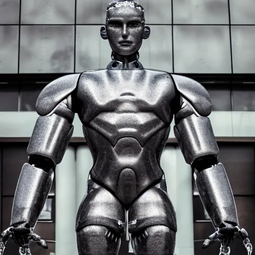 Image similar to made of ice, a realistic detailed photo of a guy who is an attractive humanoid who is half robot and half humanoid, who is a male android, on display, blank stare, showing off his muscles, shiny skin, posing like a statue, by the pool, frozen ice statue, twitch streamer / gamer ludwig, humanoid robot