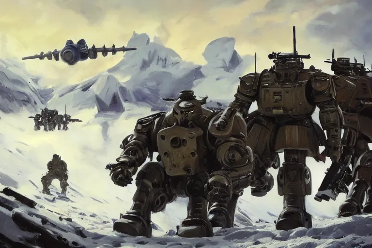 Prompt: intense vibrant film still of infantry wearing trenchcoats and gas masks! charging across a bridge, giant mechs * in the background, sci fi, snowy mountain battle 1 9 4 4, airplanes, oil painting by john singer sargent, adrian smith, greg rutkowski, trending on artstation