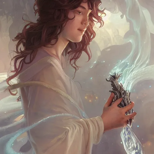 Image similar to young summoner with a water elemental, fantasy, man, thick robes, intricate, elegant, highly detailed, digital painting, artstation, concept art, wallpaper, smooth, sharp focus, illustration, art by artgerm and greg rutkowski and alphonse mucha