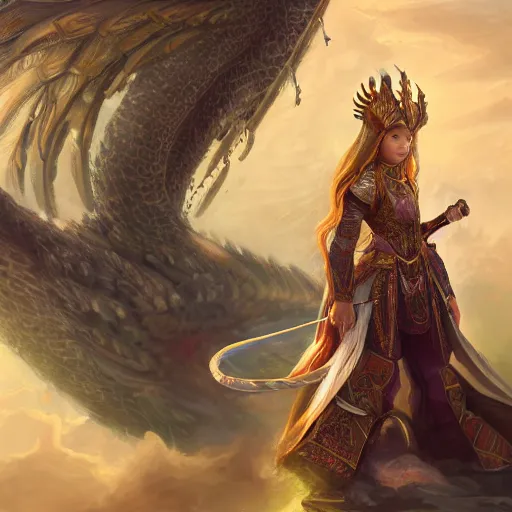 Image similar to breathtaking detailed concept art painting of young girl in armor standing on the back of a dragon, orthodox saint ornate background, by hsiao - ron cheng, very bright lights, 8 k