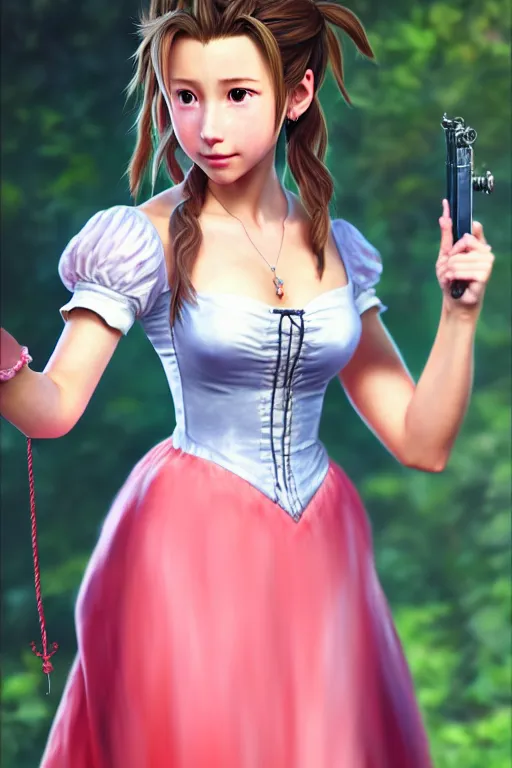 Image similar to subject : detailed full body portrait illustration of aerith gainsborough perfect face, medium : oil on canvas, style : realistic pose study portrait, maximalist, accurate, full color chiaroscuro artist : tetsuya nomura, 4 k, focus : full body and head