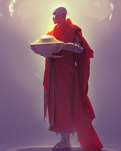 Prompt: a robot monk wearing a flowing cloak, vaporwave aesthetic, 3 d render, octane, zbrush, painting, artstation, concept art, smooth, sharp focus, illustration, art by artgerm and greg rutkowski and alphonse mucha