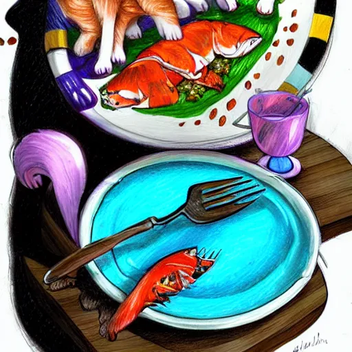 Image similar to cats slicing open fish on a platter in maiden outifts. Cute drawing, colorful deep meaning trending on artstation.