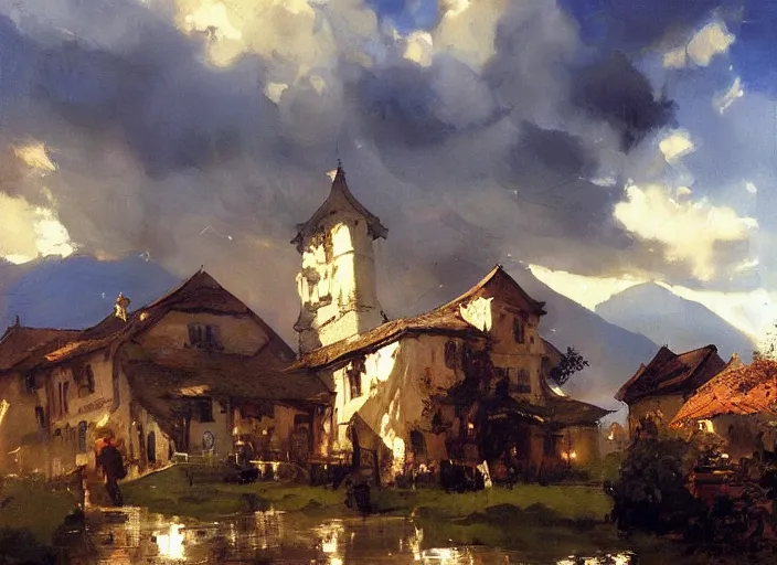 Prompt: oil painting of medieval village in dawn by anders zorn, wonderful art by greg rutkowski, incredible lighting, shadows, beautiful cinematic light, american romanticism by greg manchess, tall rocky mountains and storm clouds, sun rays, sunshine, bright sunny summer day