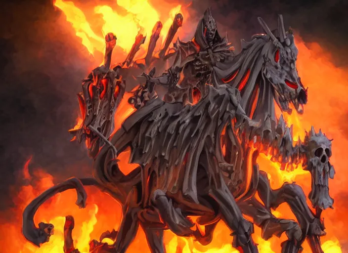 Prompt: ainz ooal gown leading the undead army to battle riding a flaming skeleton horse, art by so - bin