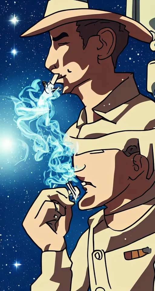 Image similar to a cowboy in space smoking a cigarette, highly detailed, anime style