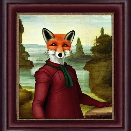 Image similar to the renaissance painting framed on a wall, except it is of an anthropomorphic male fox in a Victorian suit