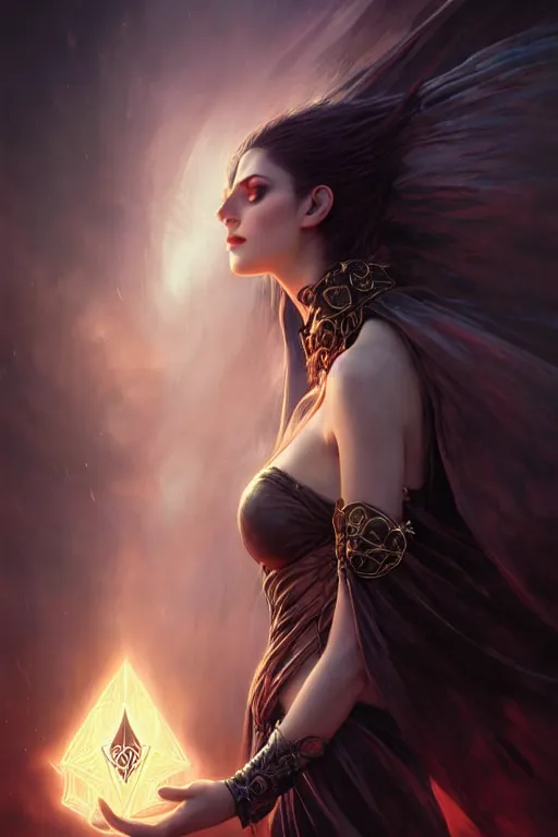 Image similar to seductive looking sorceress prays!!! magic the gathering, windy hair!, surreal dark fantasy, cinematic volumetric lights, portrait, dnd, intricate, elegant, highly detailed, digital painting, artstation, concept art, smooth, sharp focus, illustration, art by artgerm and tom bagshaw and greg rutkowski and alphonse mucha