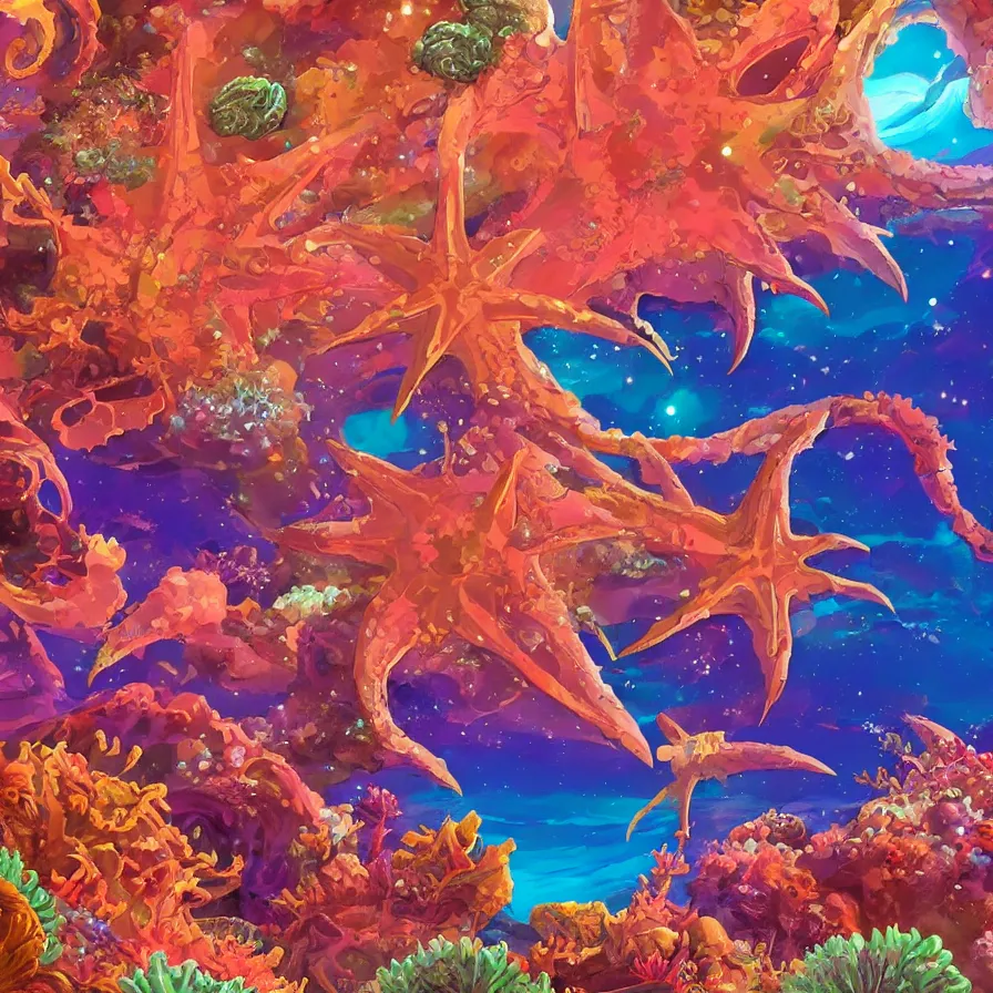 Image similar to album art, anime visuals, of an alien planet made out of different coloured corals, with big starfish, creatures, rocky landscape, floating waterfalls, omni magazine