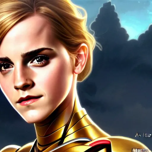 Image similar to Blonde Emma Watson in an Iron Man suit, western, closeup, D&D, fantasy, intricate, elegant, highly detailed, digital painting, artstation, concept art, matte, sharp focus, illustration, art by Artgerm and Greg Rutkowski and Alphonse Mucha