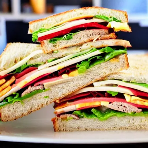 Image similar to the most delicious sandwich ever made, all the fixings, loaded