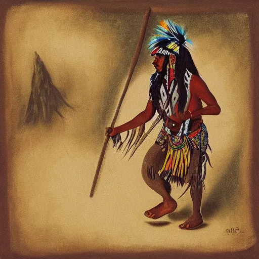 Prompt: 2 d painting of a native american walking to the right on a white studip background, png