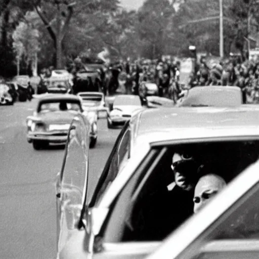 Image similar to realistic photograph of john f. kennedy surviving a sniper shot in his car, 1 9 6 3, pepe the frog among the crowd,