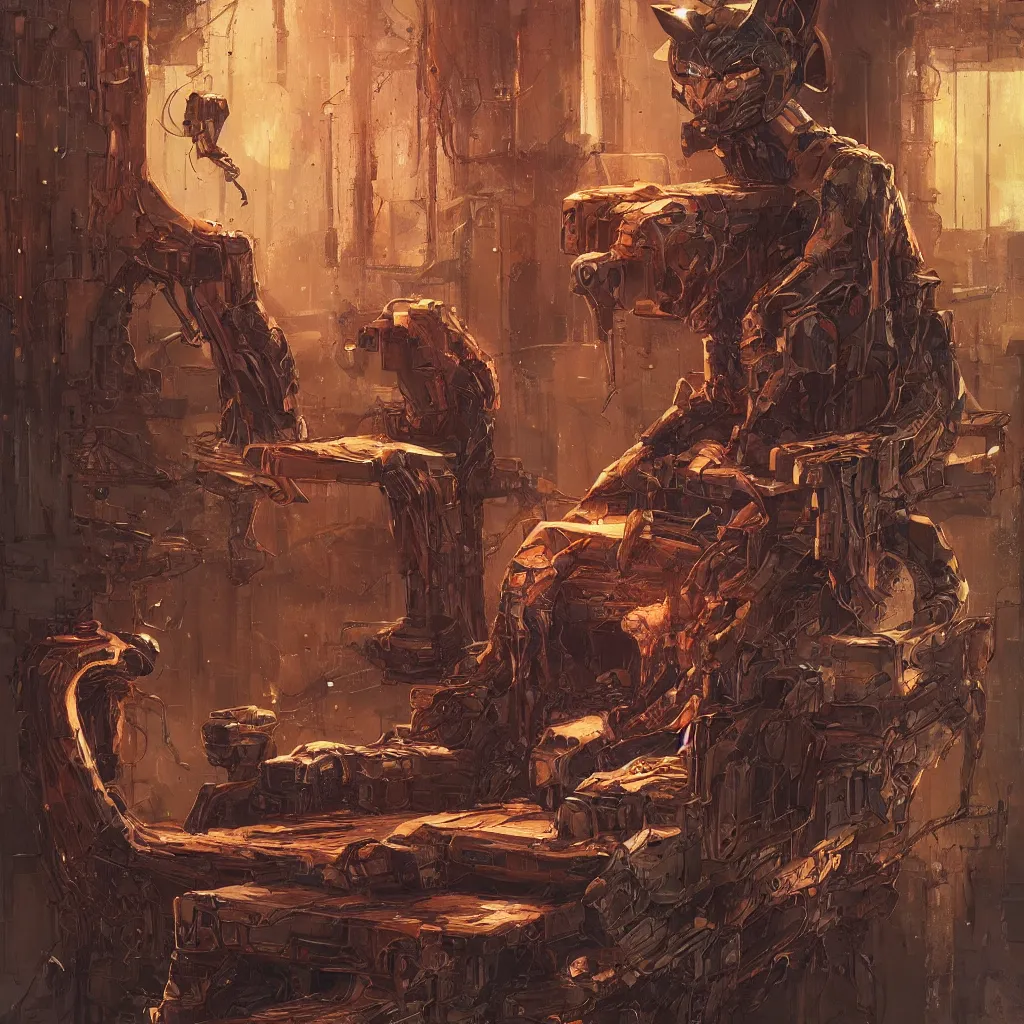 Image similar to cyber punk cat character laying, wood carved chair, super powers, concept art, by greg rutkowski, old copper pipes, complementing colors