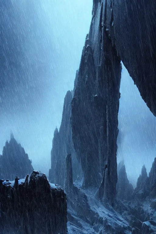 Image similar to futuristic atmosphere in the snowy mountains dolomites 3 d concept art, cinematic lighting, bladerunner scene, rule of thirds, depth of field, intricate details, building by zaha hadid, stormy weather, emissary space by arthur haas and bruce pennington and john schoenherr, cinematic matte painting, dark moody monochrome colors, trending on artstation, featured on behance