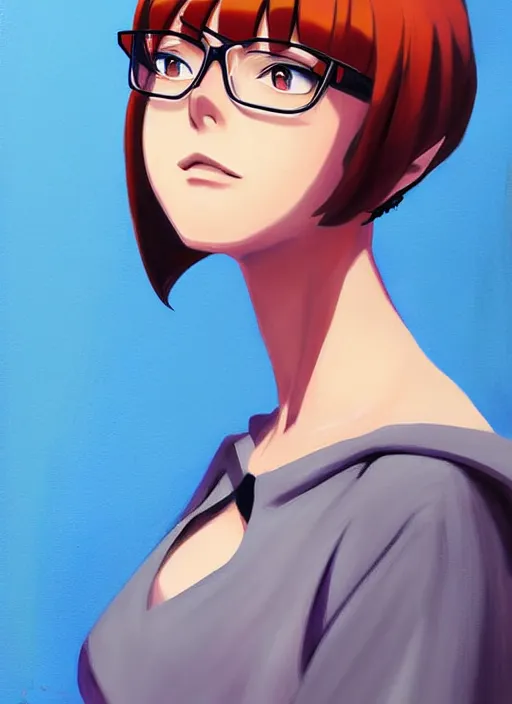 Image similar to Painting of Velma Dinkley, anime style, winged eyelashes, urban, calm, fantasy character portrait, dark outlines, dynamic pose, above view, sunny day, artwork by Makoto Shinkai, very coherent asymmetrical artwork, sharp edges, perfect face, simple form, 100mm