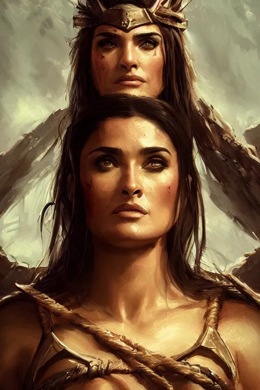 Image similar to portrait, Salma Hayek , barbarian , face portrait, raphael lacoste, eddie mendoza, alex ross, concept art, matte painting, highly detailed, rule of thirds, dynamic lighting, cinematic, detailed, denoised, centerd