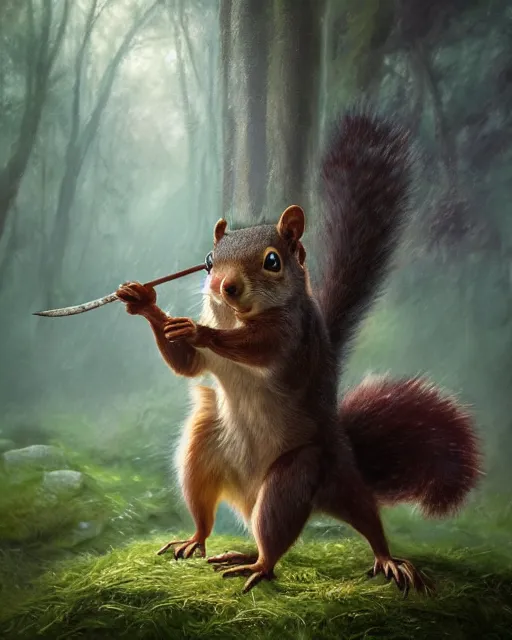 Prompt: oil painting of Anthropomorphized Angry Squirrel attacking, holding spear, wearing leaf cloak, sharp focus, fantasy style, octane render, volumetric lighting, 8k high definition, by greg rutkowski, highly detailed, trending on art Station, magic the gathering artwork, magical forest backround, centered