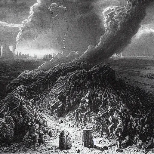 Image similar to apocalyptic landscape, soldier in gasmask, dark clouds, dark, eerie, dystopian, city, end times, illustration by Gustave Doré