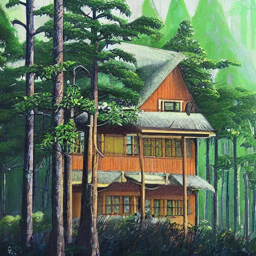 Image similar to a beautiful painting of house in forest,by Miyazaki Hayao