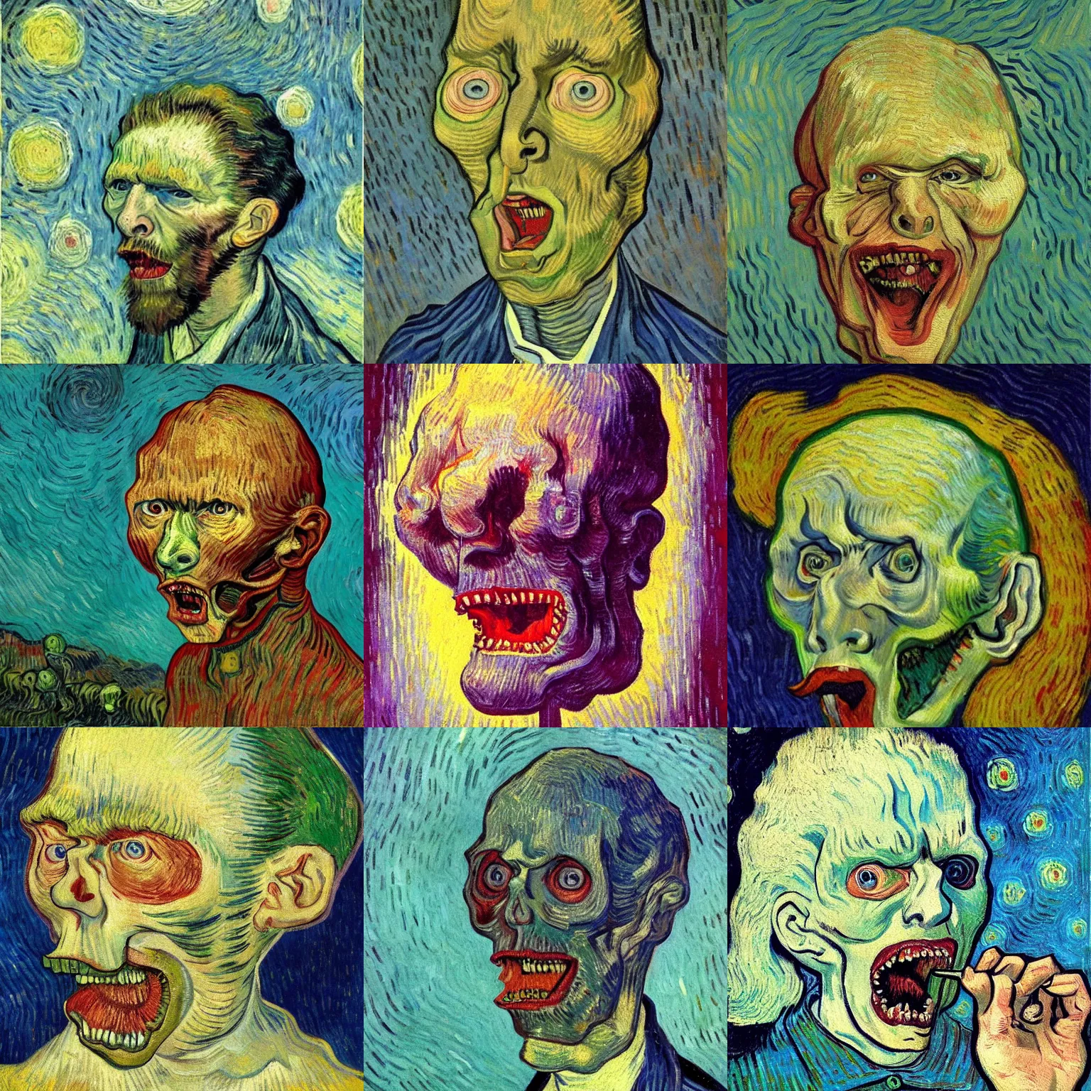 Prompt: A disembodied head screaming with its brain exposed, oil painting, surrealism style, painted by Vincent van Gogh