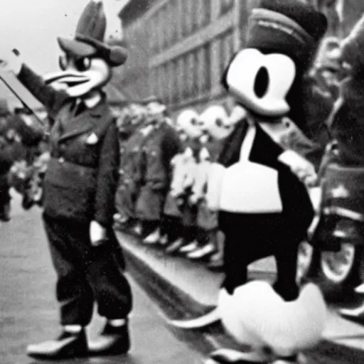 Image similar to historic colorized photograph of donald duck at a nazi parade in 1 9 3 6