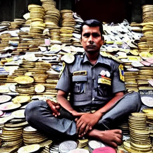 Prompt: photograph of a corrupted Bangladeshi Police officer sitting on a huge pile of cash, gold and coins