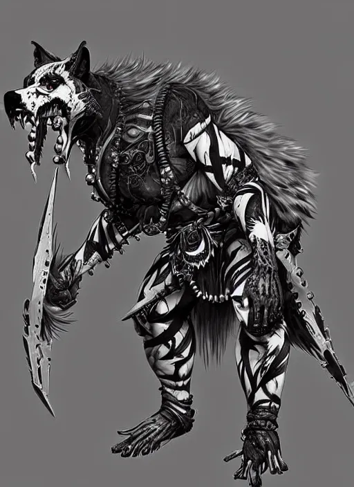 Prompt: Full body portrait of a scarred gnoll with white fur in ornate ninja garb. In style of Yoji Shinkawa and Hyung-tae Kim, trending on ArtStation, dark fantasy, great composition, concept art, highly detailed, dynamic pose.