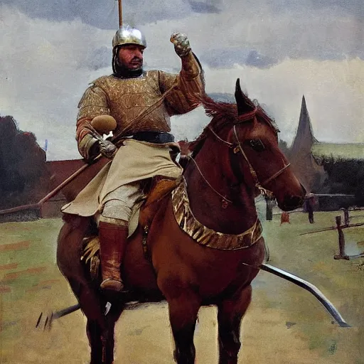 Prompt: man wearing chinmail and gambeson on horseback, holding jousting lance, horse is wearing caparisons, medieval by greg manchess, bernie fuchs, walter everett, lost edges