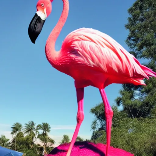 Image similar to photo of a giant flamingo next to a small human, with text that says “ worldest biggest flamingo ”