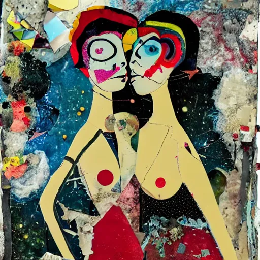 Image similar to two women kissing at a carnival in an alien world, mixed media collage, retro, paper collage, magazine collage, acrylic paint splatters, bauhaus, claymation, layered paper art, sapphic visual poetry expressing the utmost of desires by jackson pollock