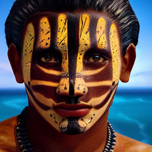 Image similar to portrait of a young mayan jaguar warrior, beach pic, depth of field, zeiss lens, detailed, symmetrical, centered, fashion photoshoot, by annie leibovitz and steve mccurry, david lazar, jimmy nelsson, breathtaking, 8 k resolution, extremely detailed, beautiful, establishing shot, artistic, hyperrealistic, beautiful face, octane render