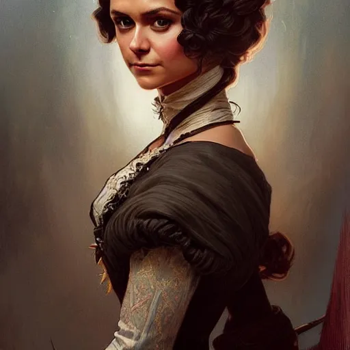 Image similar to Nina Dobrev dressed in a victorian fashion, D&D, fantasy, intricate, elegant, highly detailed, digital painting, artstation, concept art, matte, sharp focus, illustration, art by Artgerm and Greg Rutkowski and Alphonse Mucha