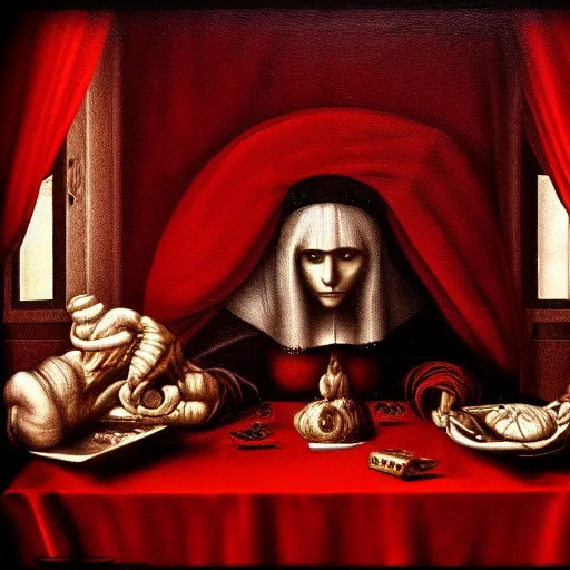 Image similar to last dinner da vinci by Rudolf Giger red color, trending on artstation, deviantart, very realistic, 4k