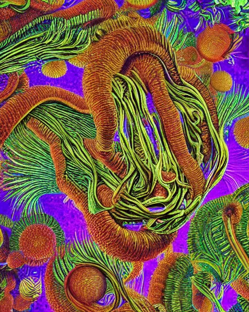 Image similar to Escherichia coli, close up details, drawn by Ernst Haeckel, colorful, beeple rendering