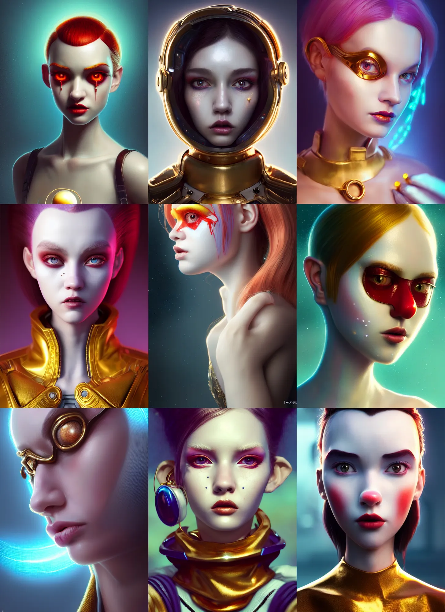 Prompt: pixar portrait 8 k photo, beautiful shiny white porcelain rich galactic tiktok clowncore russian cyborg college girl, golden ratio jewelry, sci - fi, fantasy, cyberpunk, intricate, decadent, highly detailed, digital painting, octane render, artstation, concept art, smooth, sharp focus, illustration, art by artgerm, loish, wlop