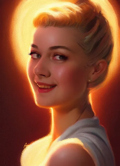 Image similar to portrait of betty cooper with fluffy bangs, bangs, 1 9 6 0 s, ponytail, curly bangs and ponytail, rounder face, intricate, elegant, glowing lights, highly detailed, digital painting, artstation, concept art, smooth, sharp focus, illustration, art by wlop, mars ravelo and greg rutkowski