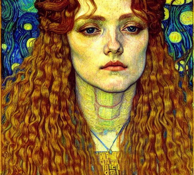 Image similar to detailed realistic beautiful young medieval queen face portrait by jean delville, gustav klimt and vincent van gogh, art nouveau, symbolist, visionary, gothic, pre - raphaelite, muted earthy colors, desaturated