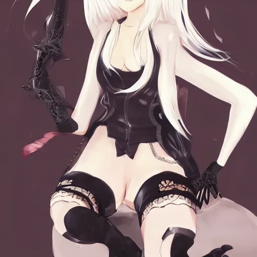 Image similar to 2b Nier Automata, Black lace clothing, blonde hair, attractive woman