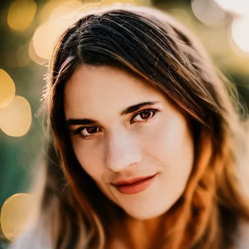 Image similar to closeup photo of a beautiful woman face, golden hour, bokeh, 8 0 mm lens, polaroid