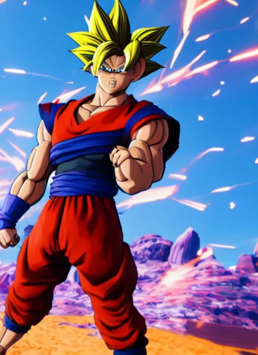 Image similar to game still of a sayan goku as a fortnite skin in fortnite, pose.